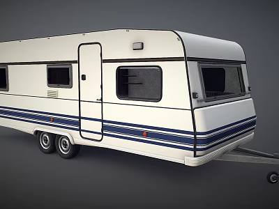White Towable Caravan With Blue Stripes Multiple Windows And Side Door 3d model