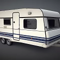 White Towable Caravan With Blue Stripes Multiple Windows And Side Door 3d model