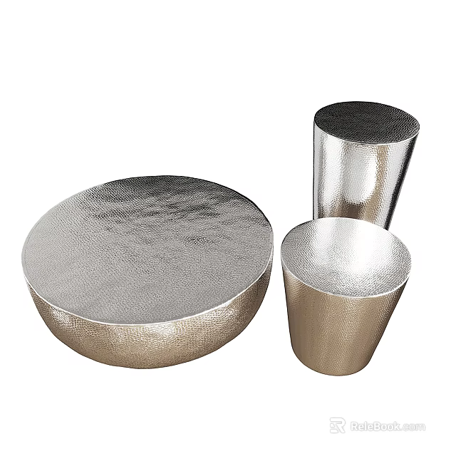 Round Metallic Coffee Tables With Textured Silver Surfaces In Three Piece Modern Set 3d model