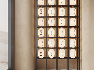 White Lanterns With Black Characters In Black Metal Frame On Wooden Wall 3d model