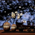 Elegant Tea Set with Red Fu Character Golden Patterns Persimmons on Dark Mat Wooden Tabletop