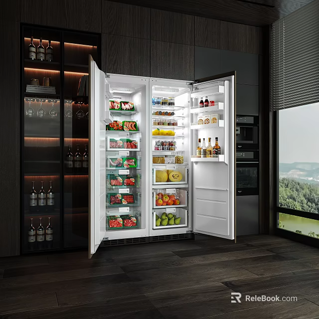Open Refrigerator in Modern Kitchen Stocked with Fresh Fruits Vegetables and Beverages 3d model 