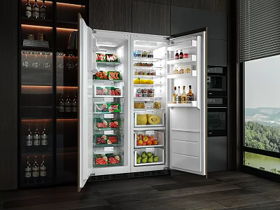 Open Refrigerator in Modern Kitchen Stocked with Fresh Fruits Vegetables and Beverages 3d model