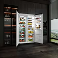 Open Refrigerator in Modern Kitchen Stocked with Fresh Fruits Vegetables and Beverages