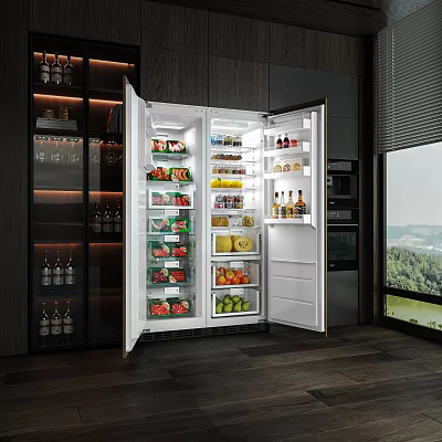 Open Refrigerator in Modern Kitchen Stocked with Fresh Fruits Vegetables and Beverages 3d model