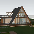 Guesthouse Building with Triangular Roof Large Glass Windows and Wooden Structure Illuminated at Night