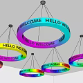 Colorful Circular Chandeliers With Welcome Hello Text And String Light Design