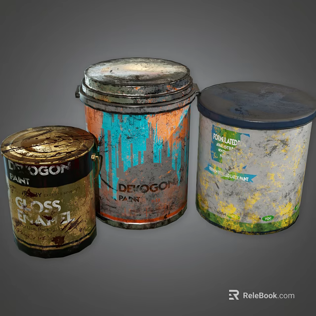 Worn Paint Cans With Dripping Multicolored Paint And Brand Labels 3d model 