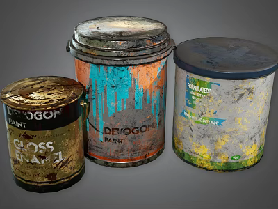 Worn Paint Cans With Dripping Multicolored Paint And Brand Labels 3d model