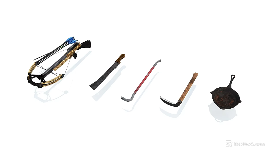 Traditional Weapons Collection Featuring Bow Arrows Knife Sickle and Iron Pot 3d model 