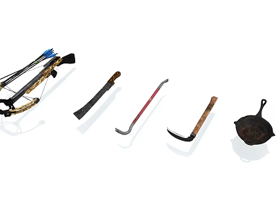 Traditional Weapons Collection Featuring Bow Arrows Knife Sickle and Iron Pot 3d model