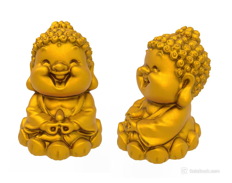Adorable Golden Laughing Buddha Figurine Set for Home Decor Ornament 3d model 