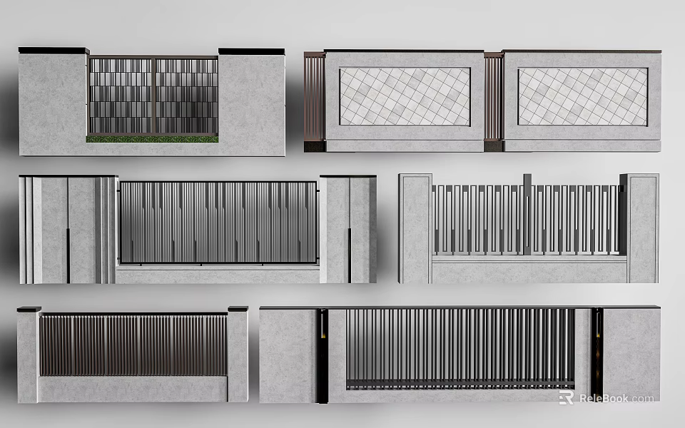 Modern Entry Gate Design With Metal Grilles Stone Frames And Slatted Structures 3d model