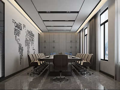 Modern Conference Room With Long Table Chairs World Map Wall Storage Cabinets And Large Windows 3d model