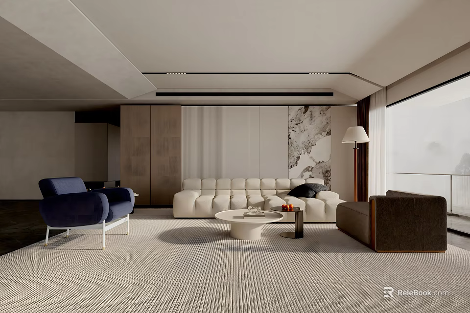 Modern Living Room Interior With Beige Sofa Blue Armchair Striped Rug And Decorative Wall 3d model 