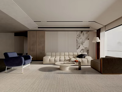 Modern Living Room Interior With Beige Sofa Blue Armchair Striped Rug And Decorative Wall 3d model