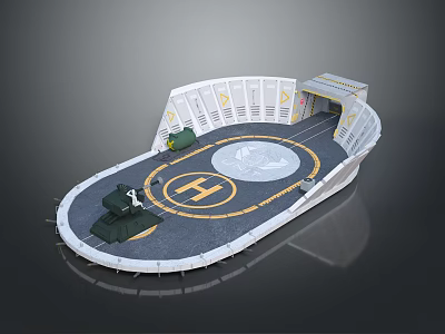 Helipad Facility With Yellow H Mark Gray Surface Surrounding Structures And Green Equipment 3d model