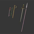 Ancient Weapons Collection Featuring Swords Axes and Spears with Wooden Handles