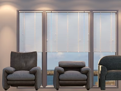 Modern Gray Double Sofa With Armchair Ottoman And Window Blinds Sea View 3d model