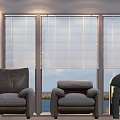 Modern Gray Double Sofa With Armchair Ottoman And Window Blinds Sea View
