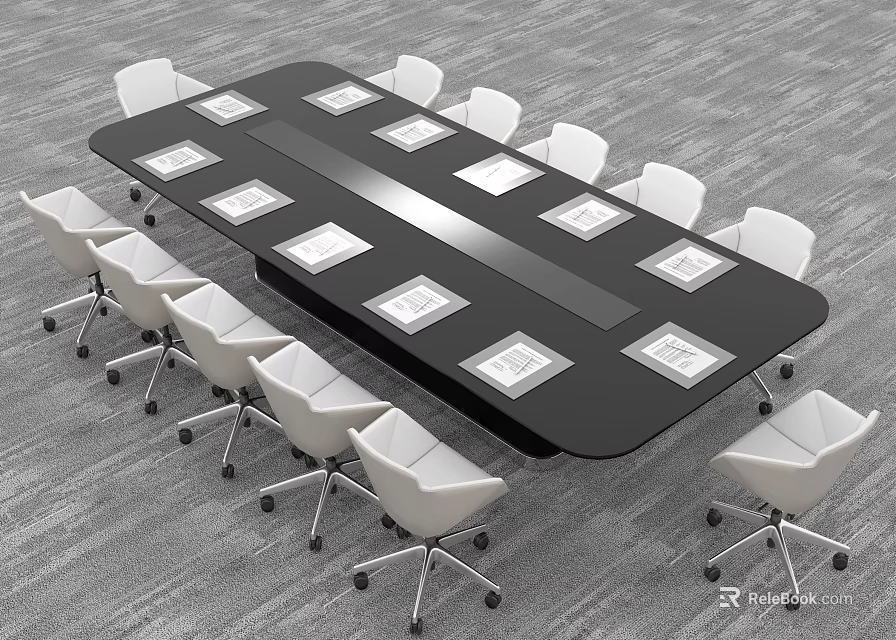 Rectangular Black Conference Table With White Chairs And Documents In Modern Meeting Room 3d model