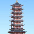 Traditional Chinese Multi Tiered Red Pagoda With Black Roof Curved Eaves And Green Trees
