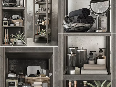 Industrial Style Wooden Storage Shelves With Woven Baskets Towels Glass Jars And Potted Plants 3d model