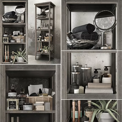 Industrial Style Wooden Storage Shelves With Woven Baskets Towels Glass Jars And Potted Plants 3d model