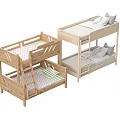 Wooden Bunk Bed Design With Ladder Checkered And Gray Mattresses And Pillows
