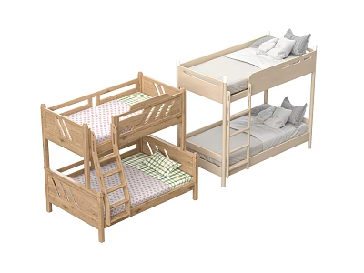 Wooden Bunk Bed Design With Ladder Checkered And Gray Mattresses And Pillows 3d model