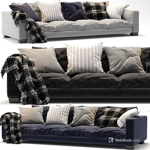 Comfortable Two Seater Sofa With Striped Pillows And Plaid Blanket In Dark Gray Blue 3d model 