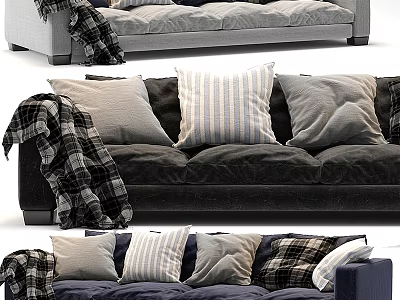 Comfortable Two Seater Sofa With Striped Pillows And Plaid Blanket In Dark Gray Blue 3d model