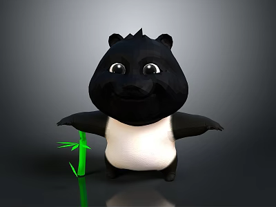 Cute Cartoon Panda 3D Character Holding Green Bamboo With Friendly Expression And Dark Background 3d model