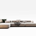 Modern L Shaped Beige Fabric Sectional Sofa With Throw Pillows And Blanket 3d model
