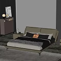 Modern Bedroom Double Bed With Leather Headboard Gray Quilt Pillows Nightstand And Black Lamp