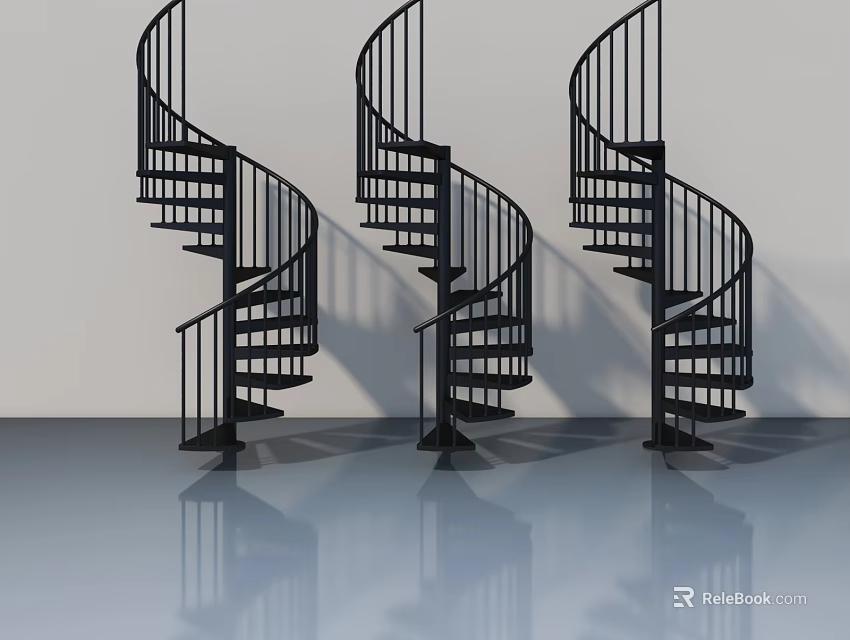 Three Black Spiral Staircases With White Background And Floor Reflections 3d model