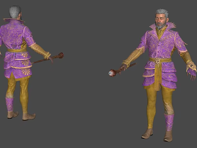 Man in Purple and Yellow Ornate Outfit Holding Decorative Staff with Front and Back Views 3d model