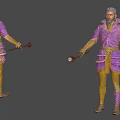 Man in Purple and Yellow Ornate Outfit Holding Decorative Staff with Front and Back Views