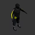 Man In Tactical Gear With Black Helmet Balaclava Red Eyes And Yellow Striped Arms