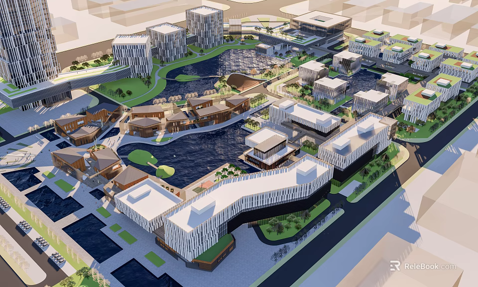 Modern Commercial Complex Design With Water Features Green Spaces And Contemporary Buildings 3d model 