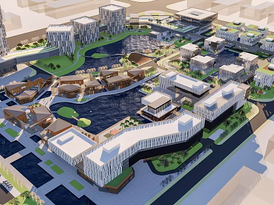 Modern Commercial Complex Design With Water Features Green Spaces And Contemporary Buildings 3d model
