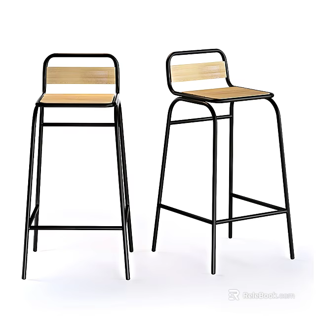 Modern Bar Stools With Black Metal Frame And Wooden Seat Backrest 3d model 