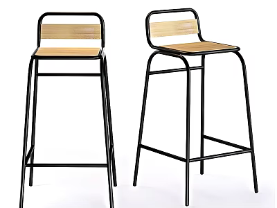 Modern Bar Stools With Black Metal Frame And Wooden Seat Backrest 3d model