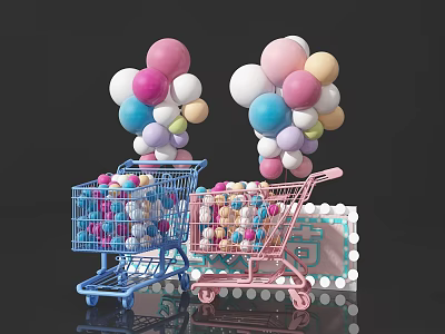 Vibrant Photo Check-in Spot With Colorful Balloons Blue Pink Shopping Carts And Colorful Balls 3d model