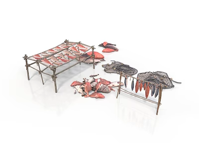 Metal Clothes Drying Racks With Red Fabric And Scattered Cloth Pieces 3d model