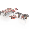 Metal Clothes Drying Racks With Red Fabric And Scattered Cloth Pieces