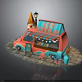 Colorful Ice Cream Truck With Pink And Blue Exterior Awning And Cone Decoration
