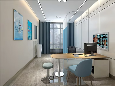 Modern Office Interior Design With Workstation Desk Chair Computer And Blue Curtains 3d model