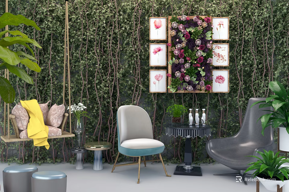 Modern Leisure Accent Chair With Soft Cushion Gold Metal Legs And Green Plant Wall Art 3d model 