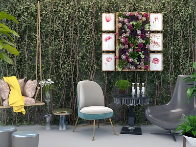 Modern Leisure Accent Chair With Soft Cushion Gold Metal Legs And Green Plant Wall Art 3d model
